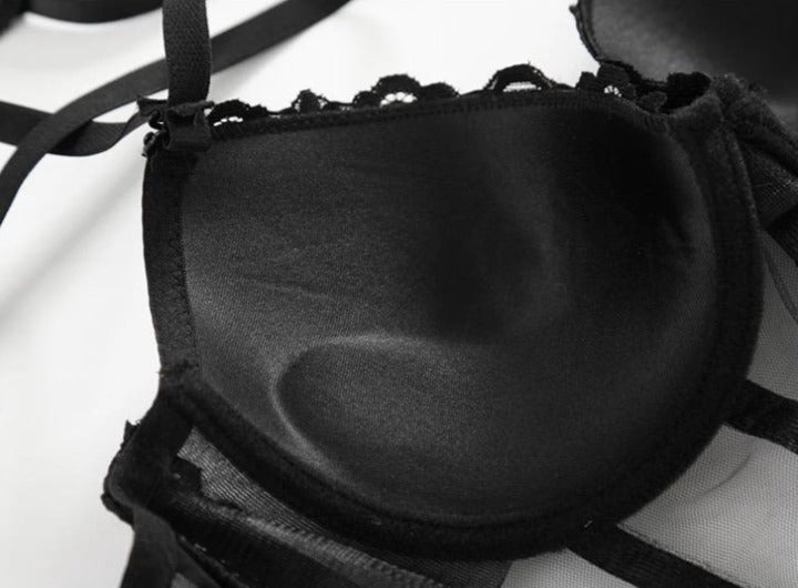 Women's Black Strappy Lace Trim Underwired Bra Set