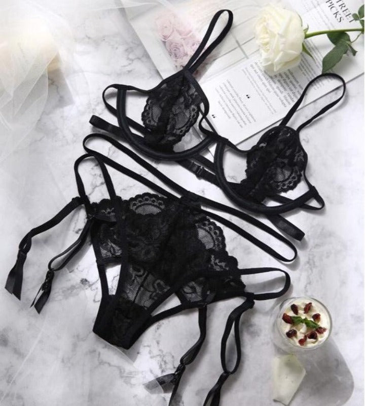 Women's Cupless Black Strappy Lace Underwired Bra and Panties Set