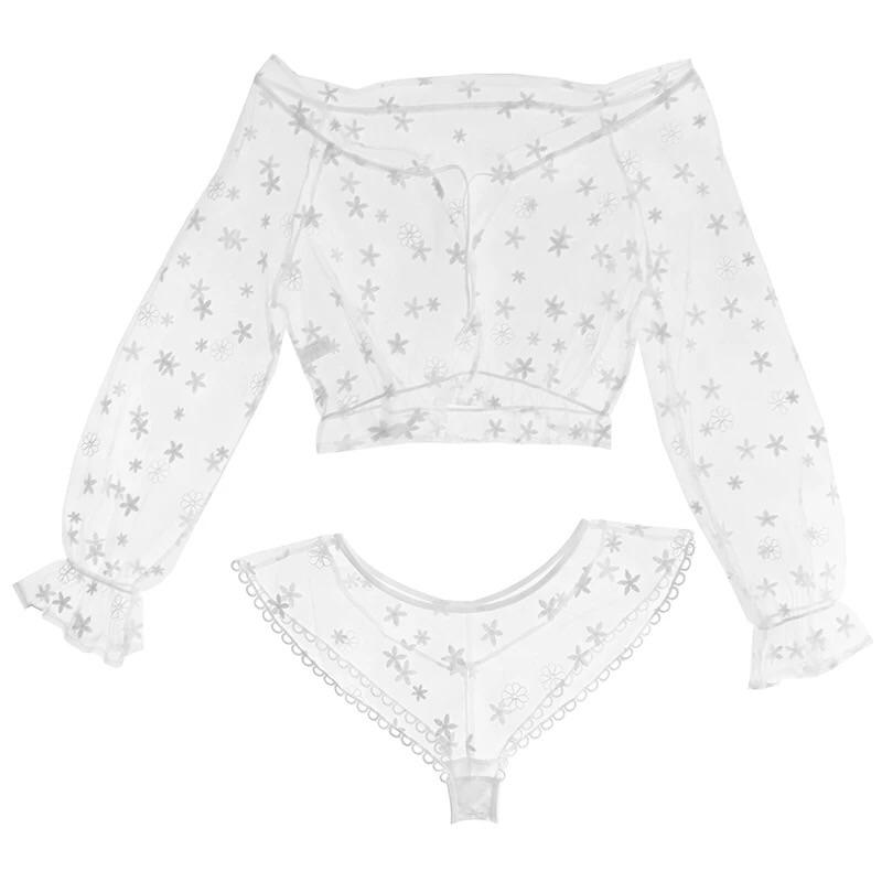 Daisy Print See Through White Lace Lingerie Set