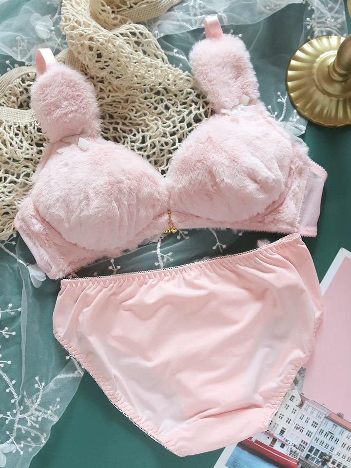 Pink Fluffy Fur Underwired Bra and Panties Set