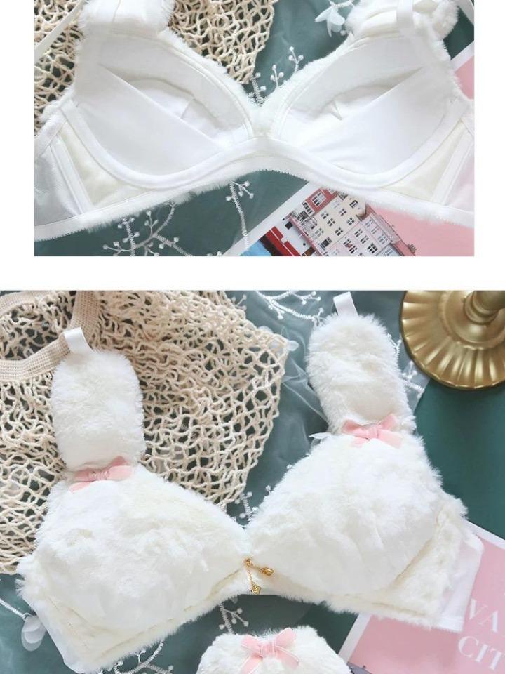 White Fluffy Fur Underwired Bra and Panties Set