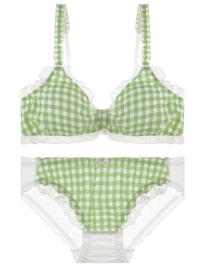 White and Green Houndstooth Cotton Ruffled Bra Set