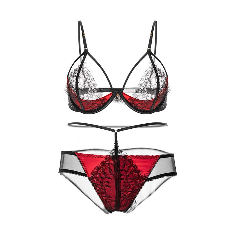 Cupless Black and Red Lace Underwired Bra and Panties Set