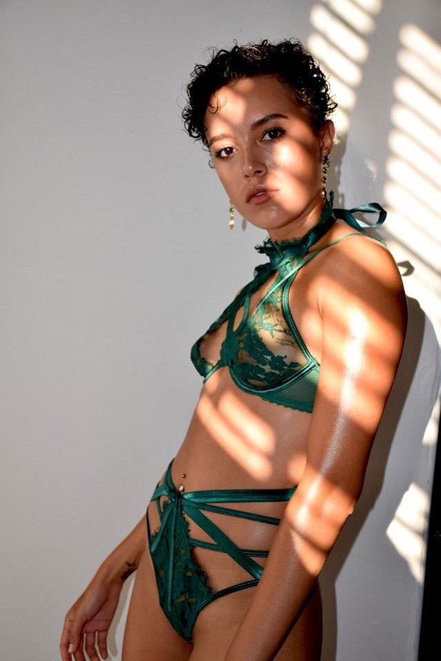 Emerald Green Strappy Lace Bra and Panties Set