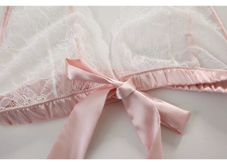 Pink and White Delicate Lace Triangle Bra And Panties Set