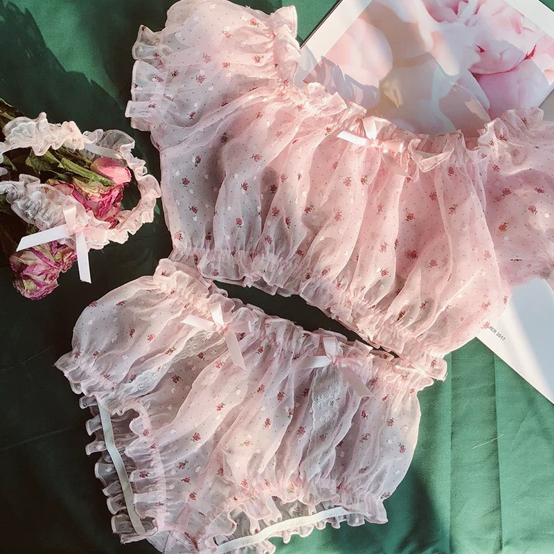 Pink Mesh Lace Strapless Bra and Panties Set